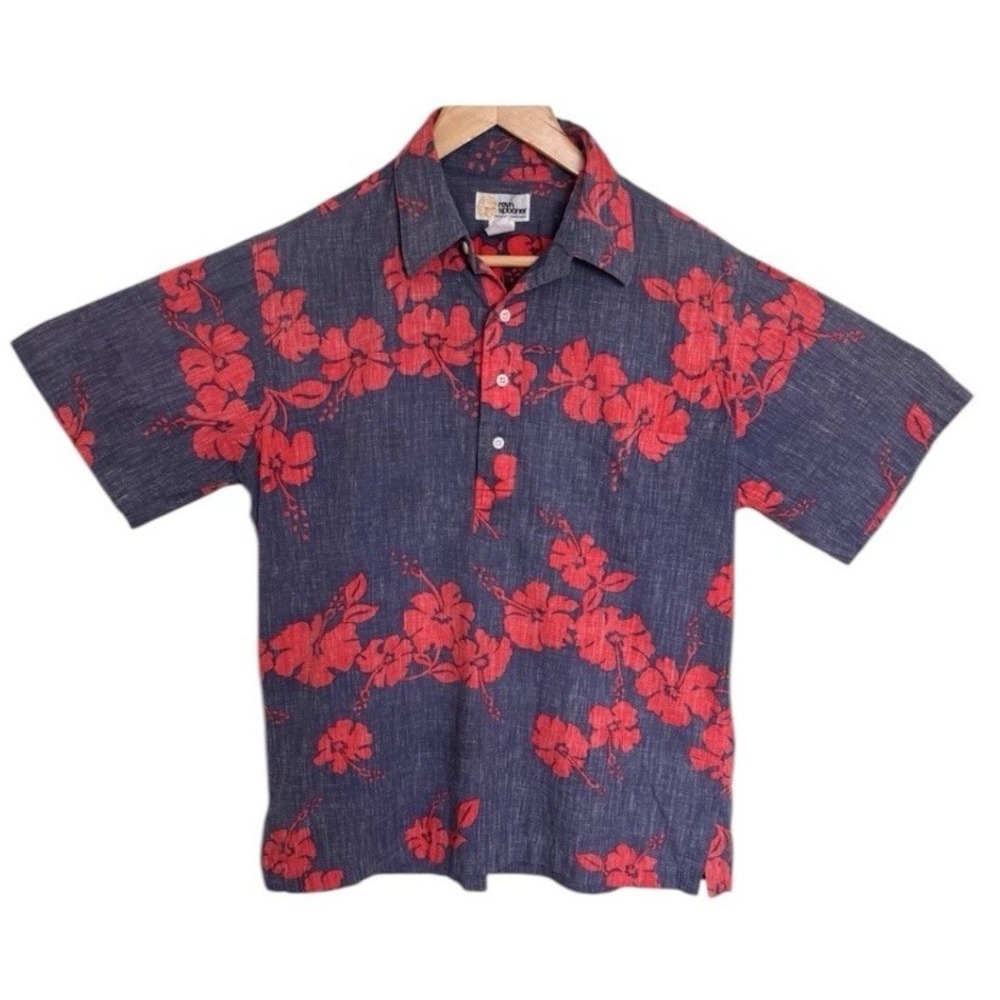 VTG Reyn Spooner Hawaiian Shirt Floral 1/4 Button Short Sleeve Mens Medium Blue